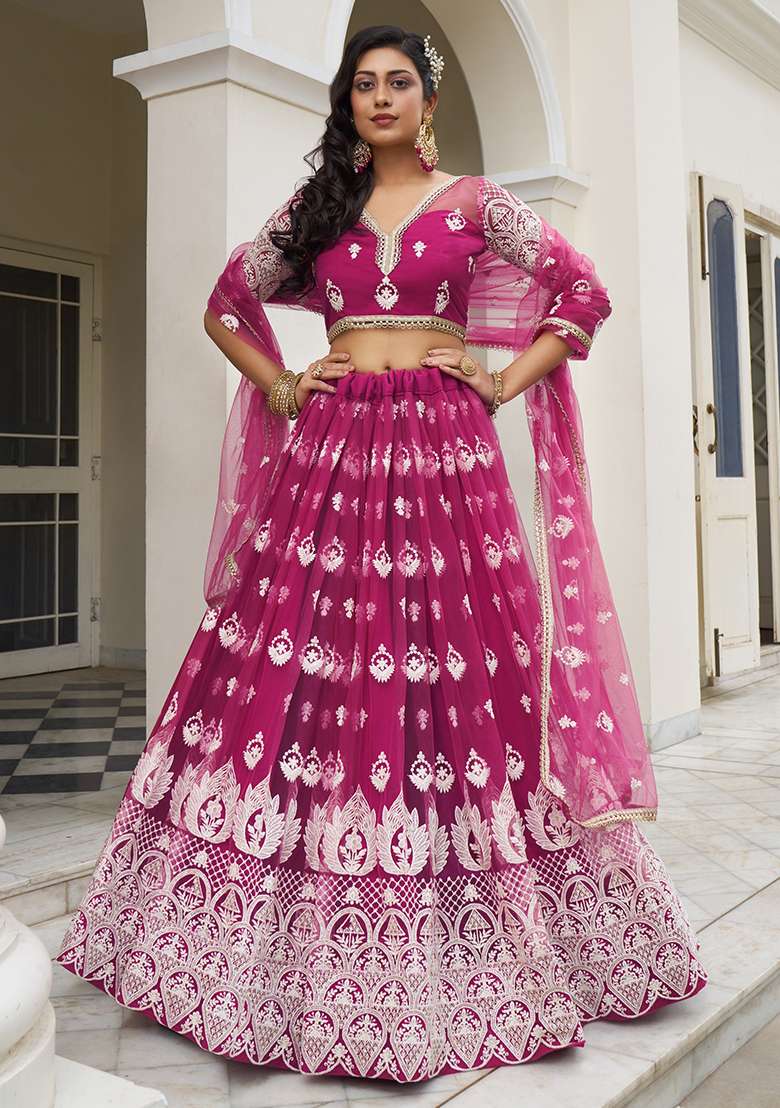 Dark Pink Sequin Zari Embroidered Butterfly Net Lehenga Set for Diwali and Festive Wear - Indya
