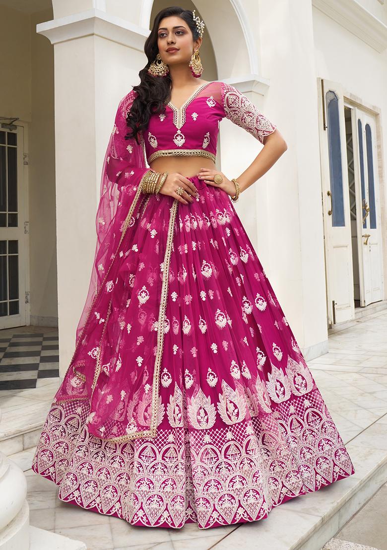 Dark Pink Sequin Zari Embroidered Butterfly Net Lehenga Set - Indya