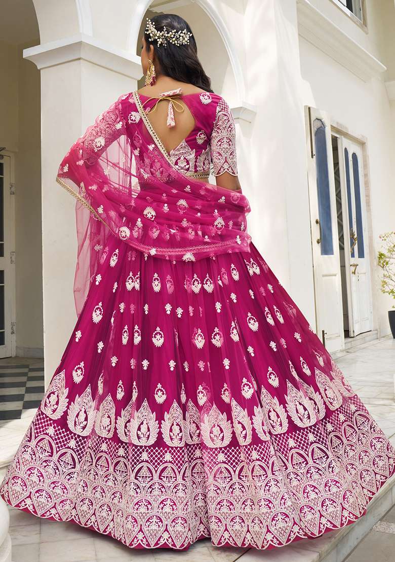 Dark Pink Sequin Zari Embroidered Butterfly Net Lehenga Set for Diwali and Festive Wear - Indya