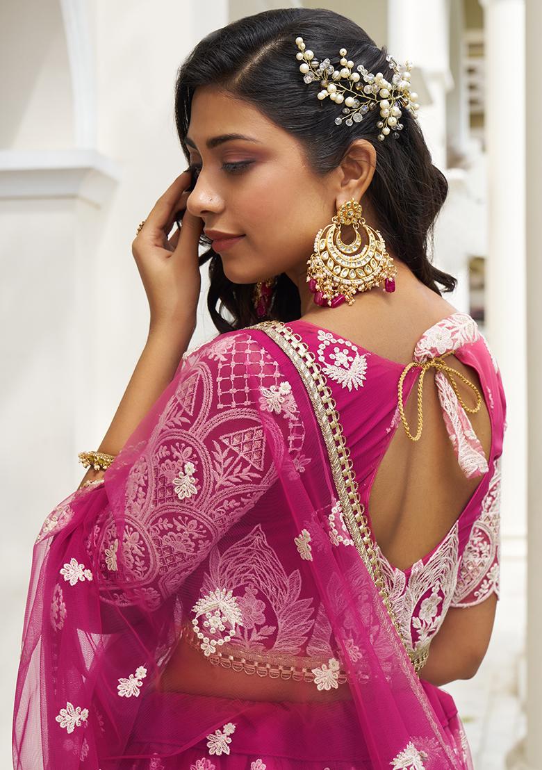 Dark Pink Sequin Zari Embroidered Butterfly Net Lehenga Set - Indya