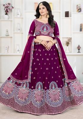 Maroon Sequence Embroidery Net Lehenga Set With Dupatta