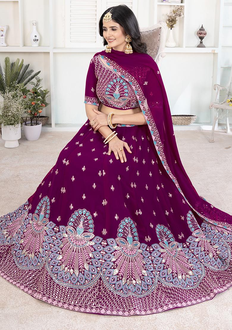 Maroon Sequence Embroidery Net Lehenga Set With Dupatta - Indya