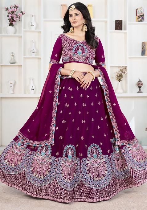 Maroon Sequence Embroidery Net Lehenga Set With Dupatta