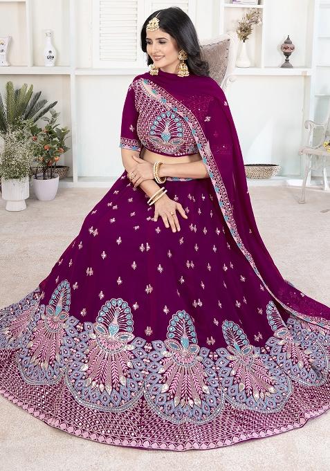 Maroon Sequence Embroidery Net Lehenga Set With Dupatta