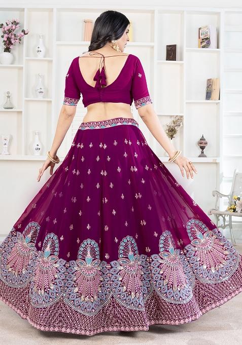 Maroon Sequence Embroidery Net Lehenga Set With Dupatta