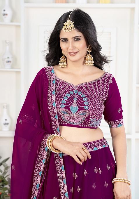 Maroon Sequence Embroidery Net Lehenga Set With Dupatta