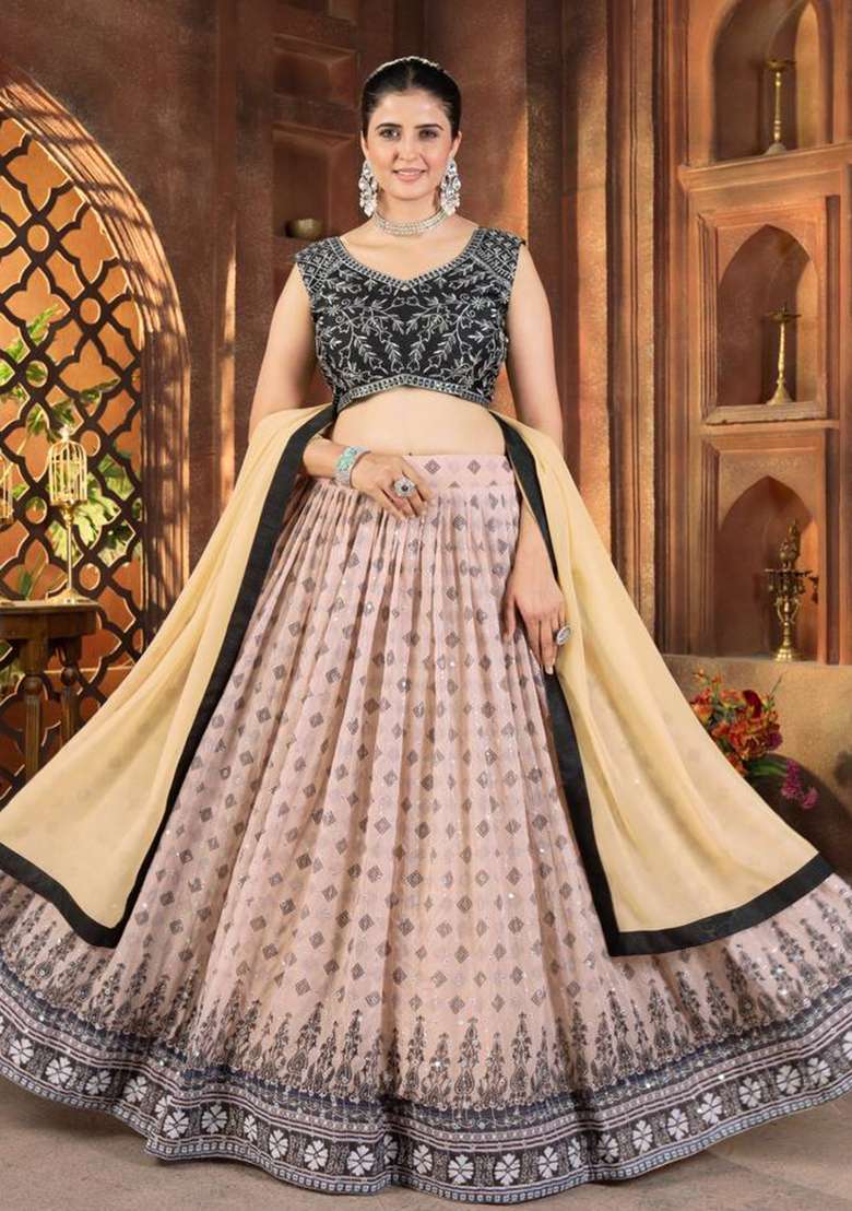 Brown Sequence Embroidery Georgette Lehenga Set With Dupatta for Diwali and Festive Wear - Indya
