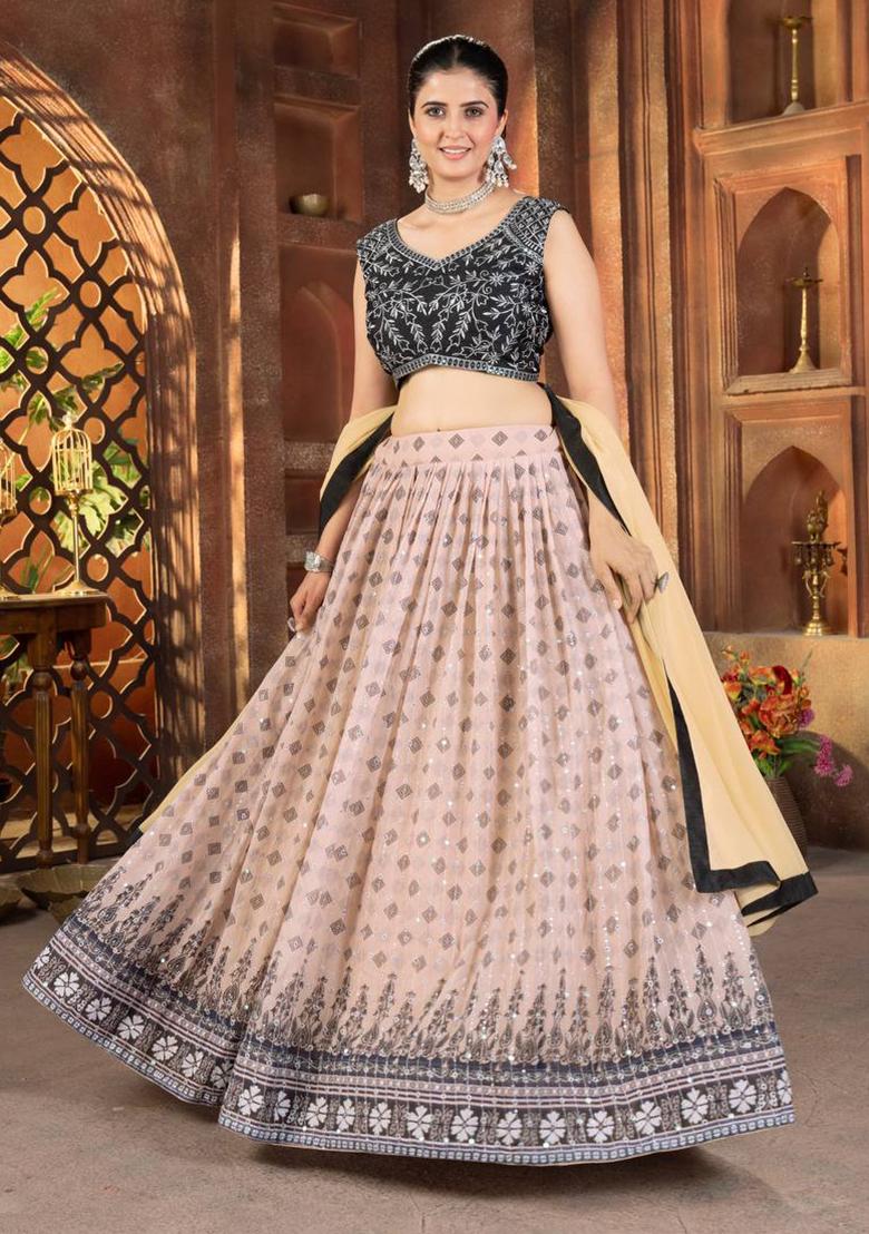 Brown Sequence Embroidery Georgette Lehenga Set With Dupatta - Indya