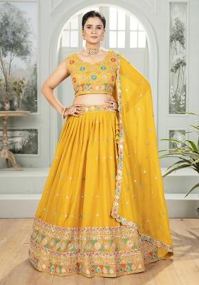 Yellow Sequence Embroidery Georgette Lehenga Set With Dupatta