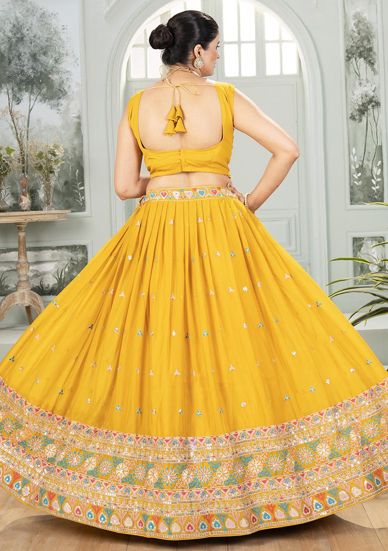 Yellow Sequence Embroidery Georgette Lehenga Set With Dupatta - Indya