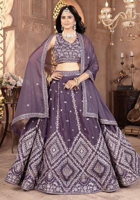 Purple Sequence Embroidery Georgette Lehenga Set With Dupatta