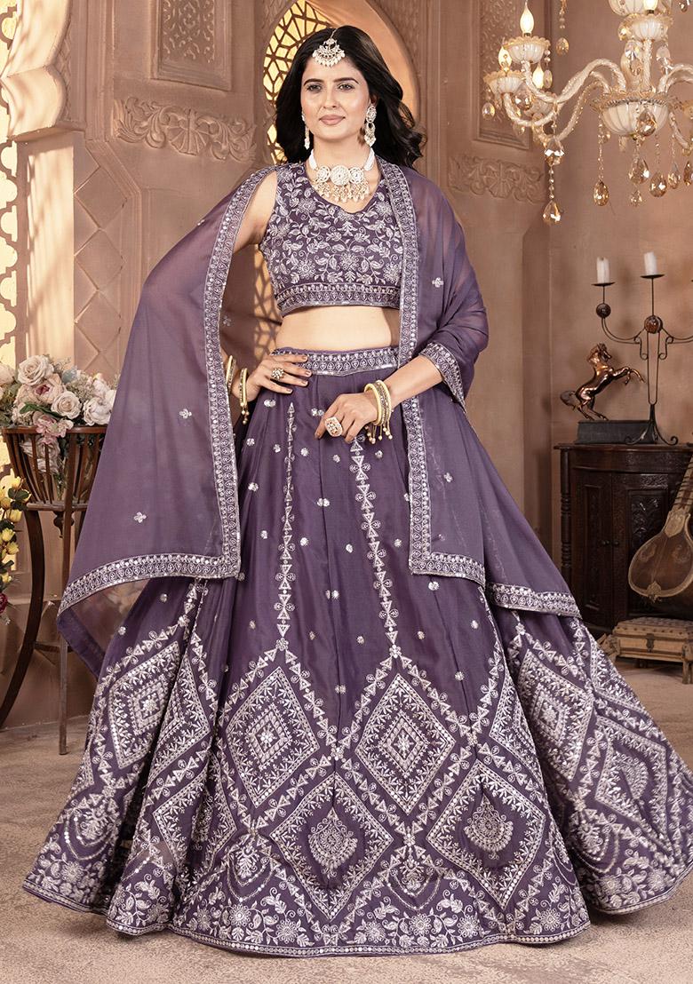 Purple Sequence Embroidery Georgette Lehenga Set With Dupatta - Indya