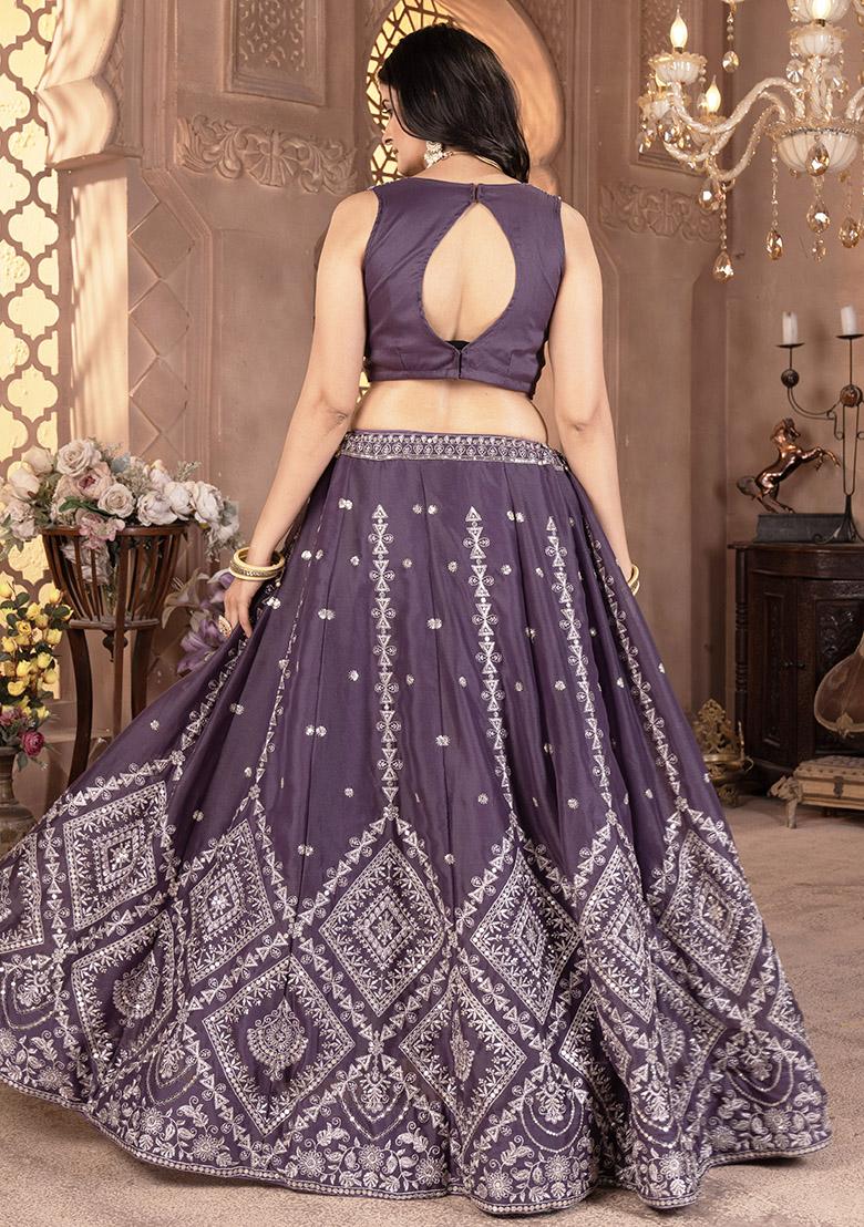 Purple Sequence Embroidery Georgette Lehenga Set With Dupatta - Indya