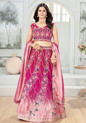 Pink Sequence Embroidery Chinon Lehenga Set With Dupatta