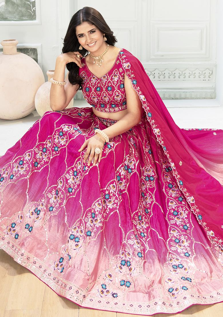 Pink Sequence Embroidery Chinon Lehenga Set With Dupatta - Indya