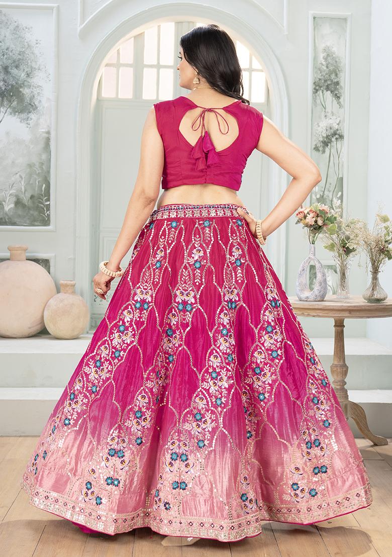 Pink Sequence Embroidery Chinon Lehenga Set With Dupatta - Indya