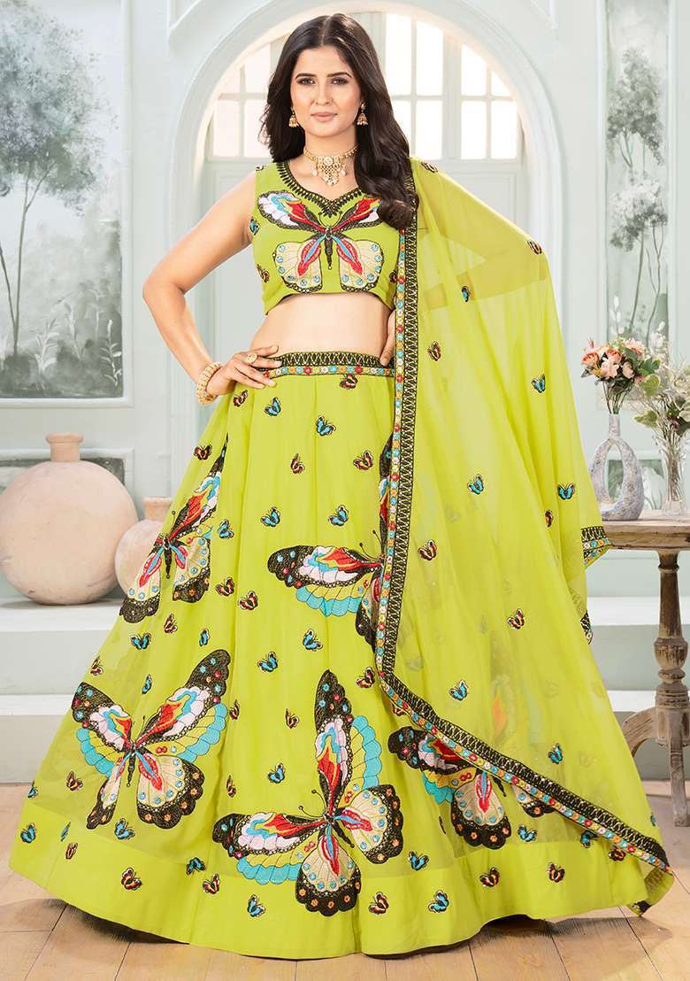 Green Sequence With Dupatta Georgette Lehenga Set with Embroidery for Diwali | Wedding & Festive Wear - Indya