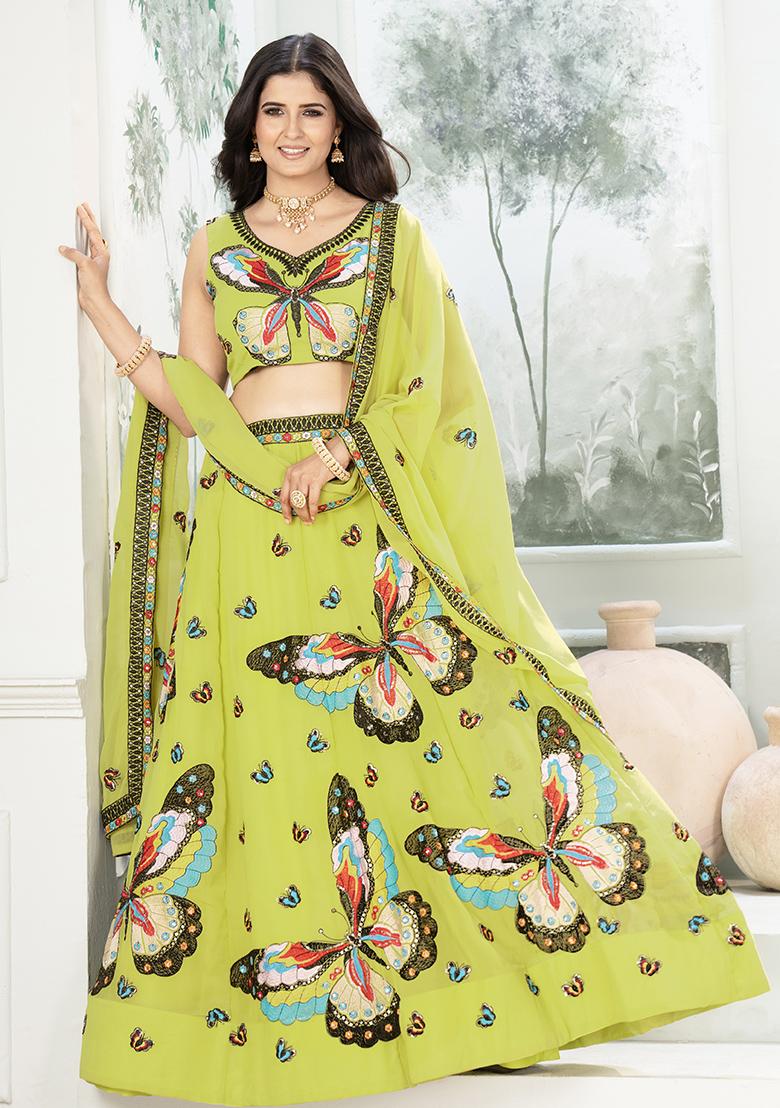 Green Sequence Embroidery Georgette Lehenga Set With Dupatta - Indya