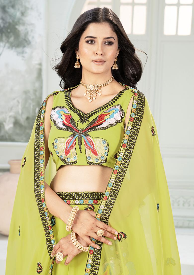 Green Sequence Embroidery Georgette Lehenga Set With Dupatta - Indya