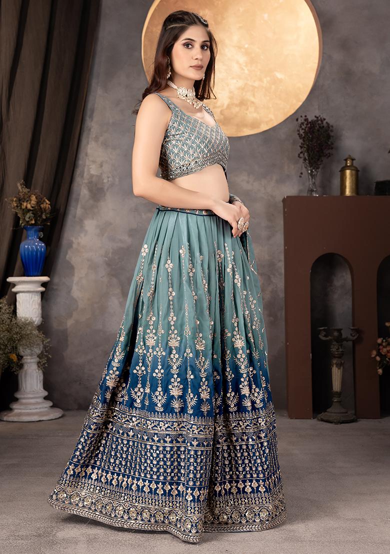 Blue Sequence Embroidery Silk Lehenga Set With Dupatta - Indya