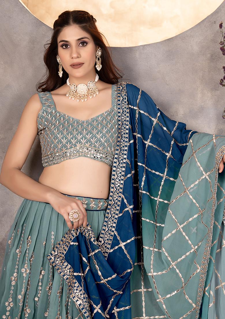 Blue Sequence Embroidery Silk Lehenga Set With Dupatta - Indya