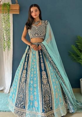 Blue Sequence Embroidery Net Lehenga Set With Dupatta