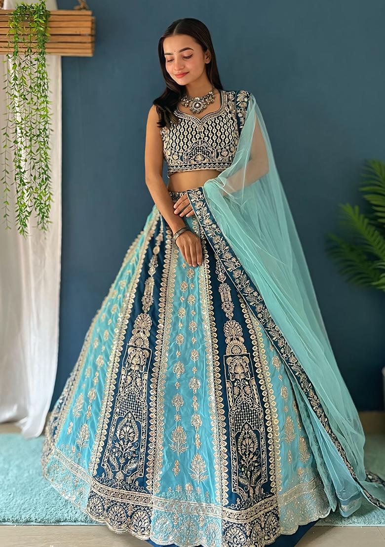 Blue Sequence Embroidery Net Lehenga Set With Dupatta - Indya
