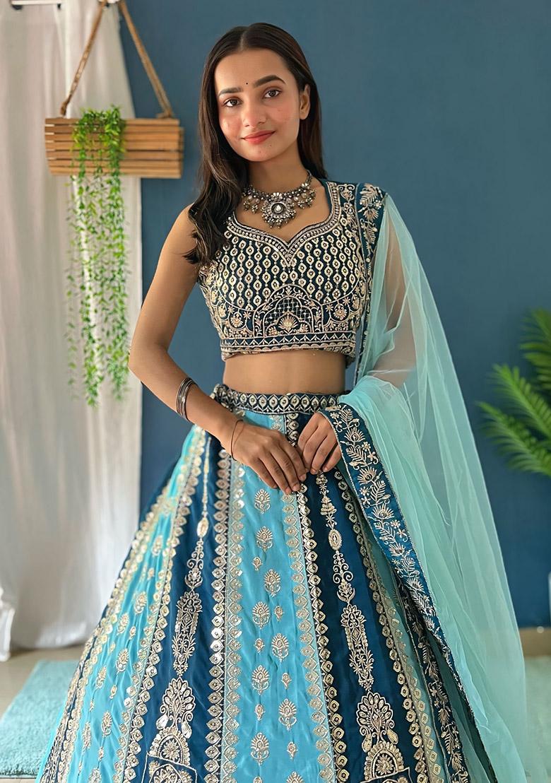 Blue Sequence Embroidery Net Lehenga Set With Dupatta - Indya