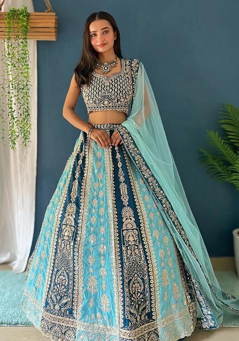 Blue Sequence Embroidery Net Lehenga Set With Dupatta