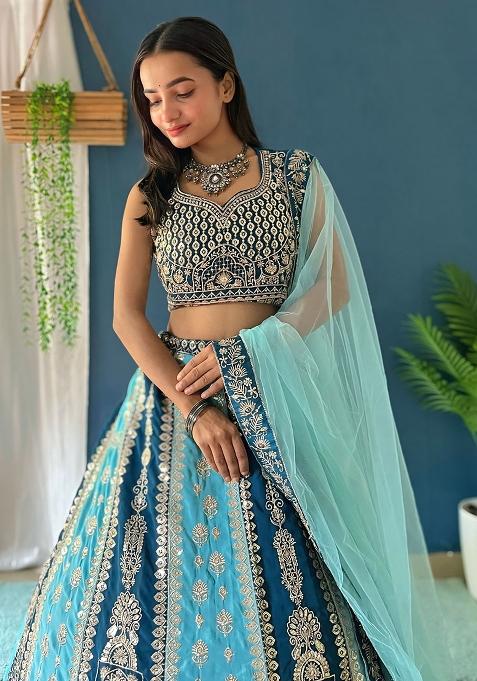 Blue Sequence Embroidery Net Lehenga Set With Dupatta