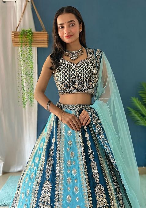 Blue Sequence Embroidery Net Lehenga Set With Dupatta