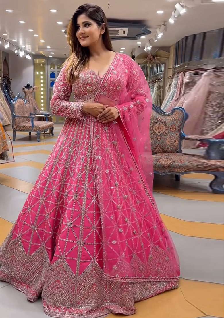 Pink Sequence Embroidery Chinon Lehenga Set With Dupatta for Diwali and Festive Wear - Indya