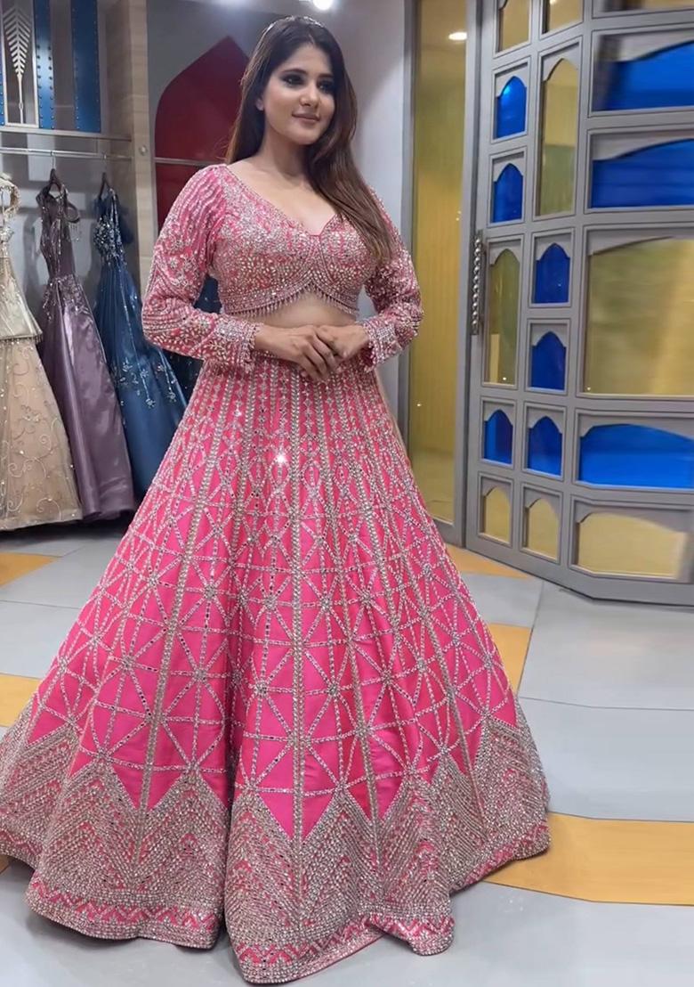 Pink Sequence Embroidery Chinon Lehenga Set With Dupatta - Indya