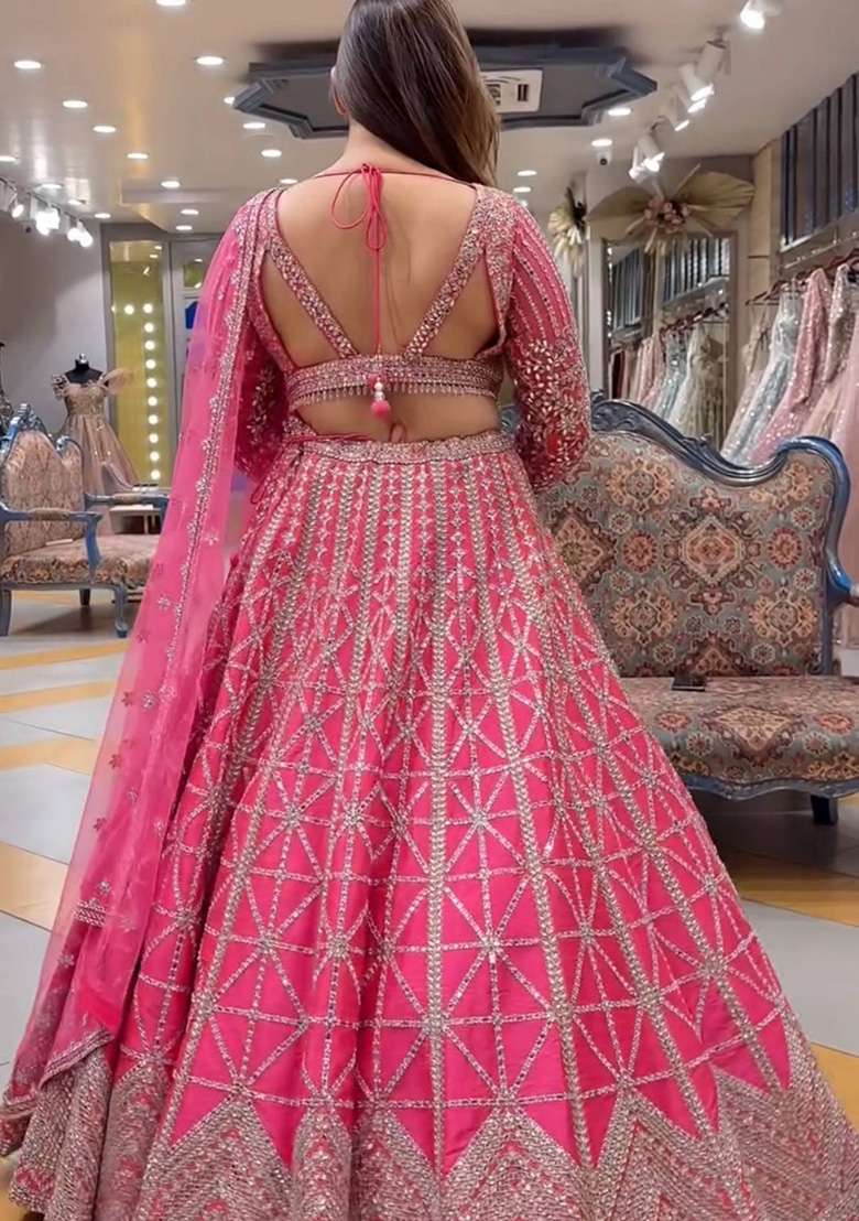 Pink Sequence Embroidery Chinon Lehenga Set With Dupatta for Diwali and Festive Wear - Indya
