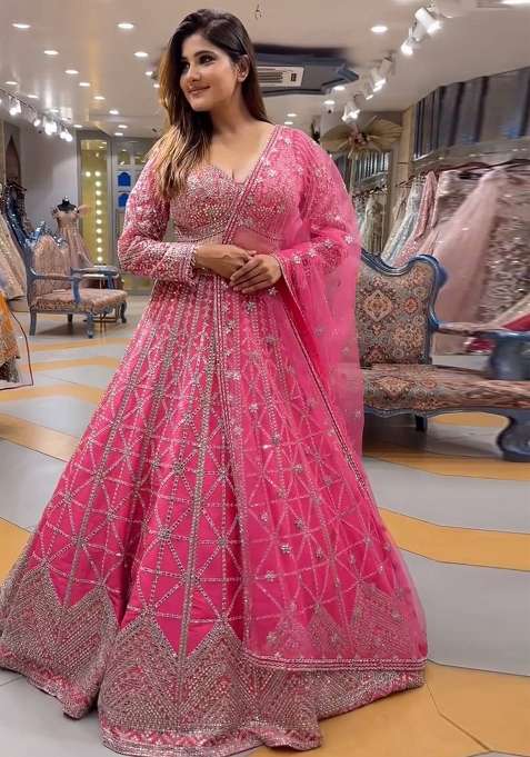 Pink Sequence Embroidery Chinon Lehenga Set With Dupatta for Diwali and Festive Wear