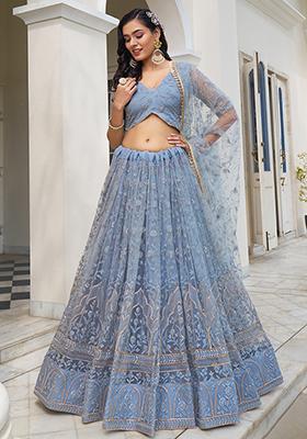 Light Blue Grey Sequin Zari Embroidered Butterfly Net Lehenga Set