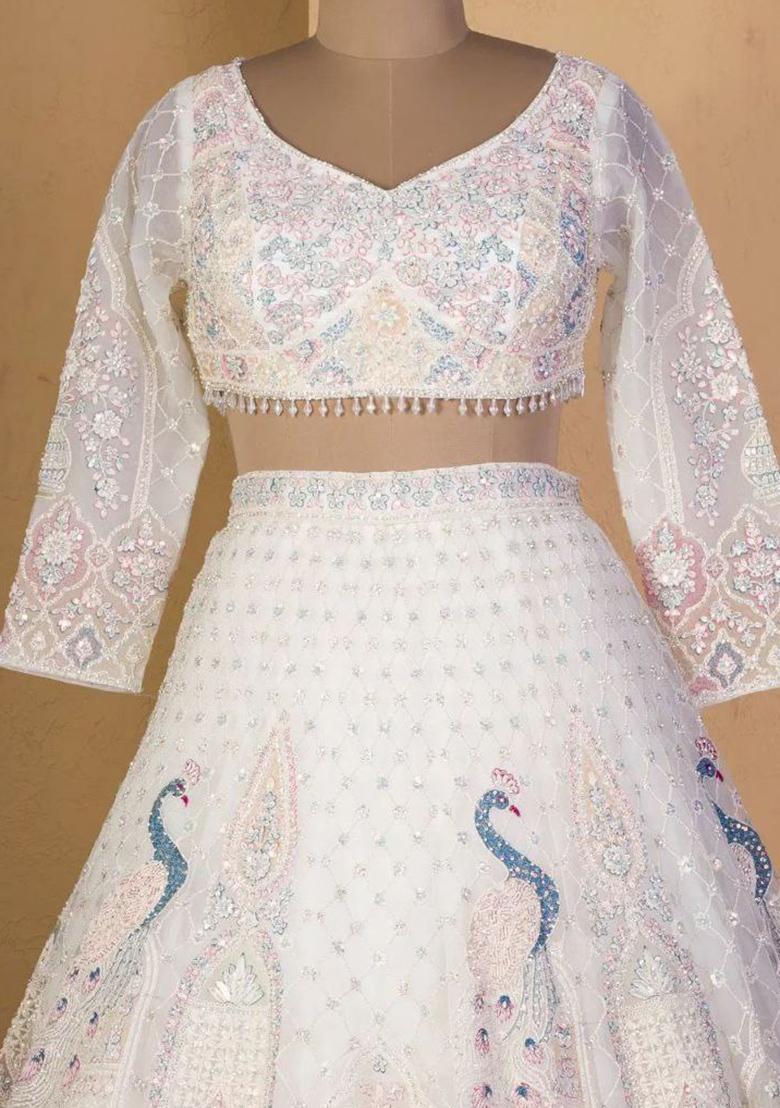 Multi Color Embroidered Net Lehenga Set With Dupatta - Indya