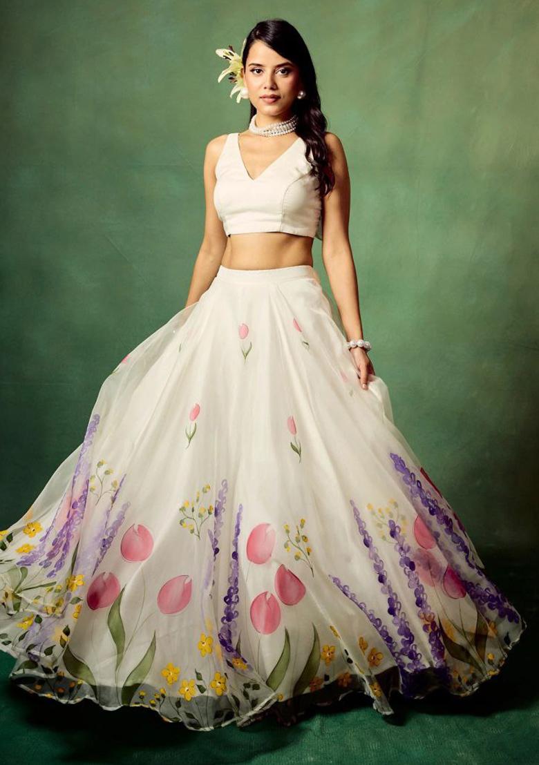 Multi Color Embroidered Silk Lehenga Set With Dupatta - Indya