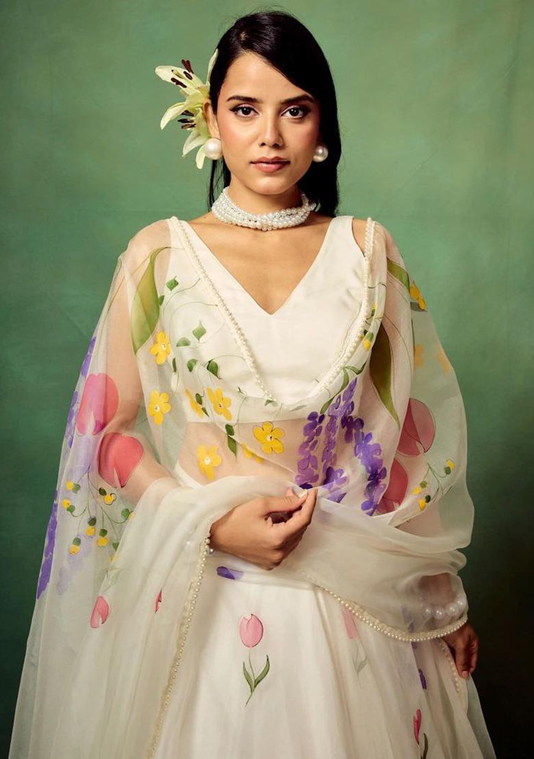 Multi Color Embroidered Silk Lehenga Set With Dupatta - Indya