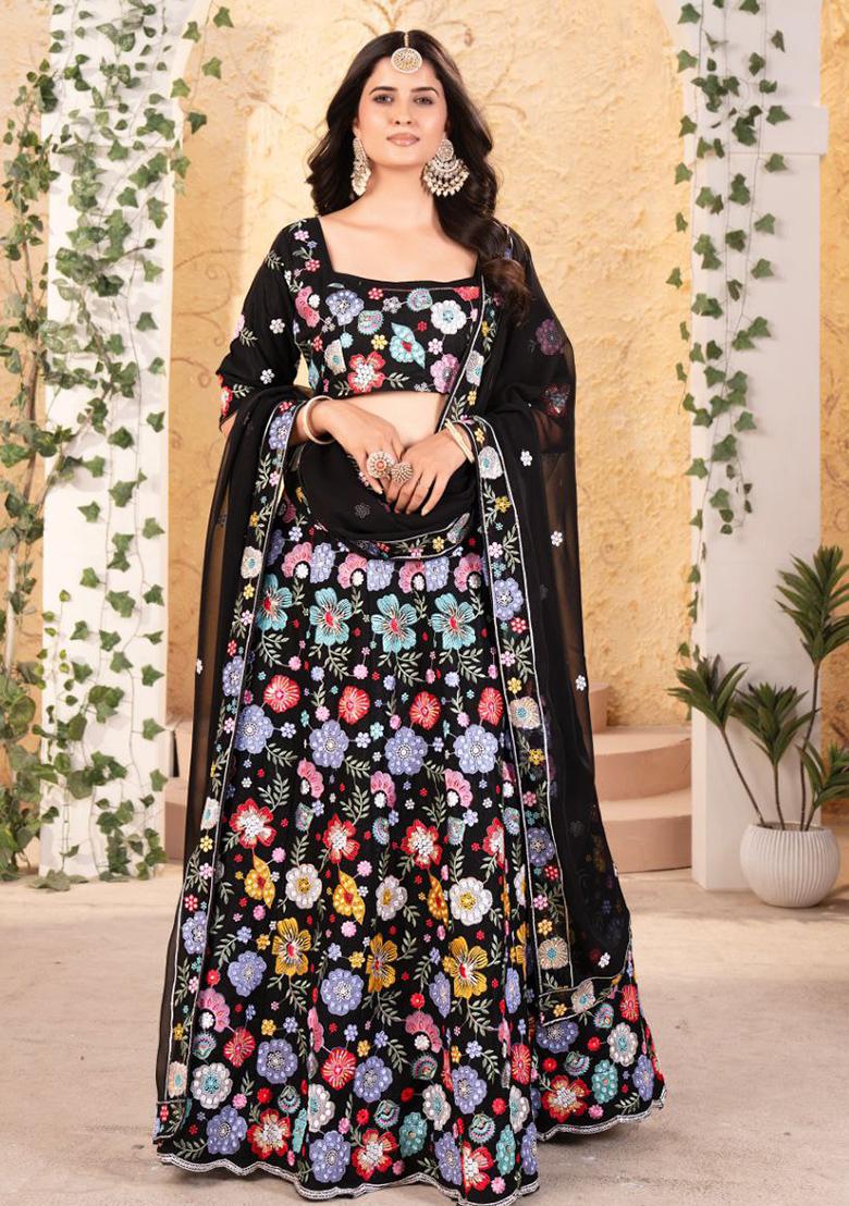 Multi Color Embroidered Georgette Lehenga Set With Dupatta - Indya