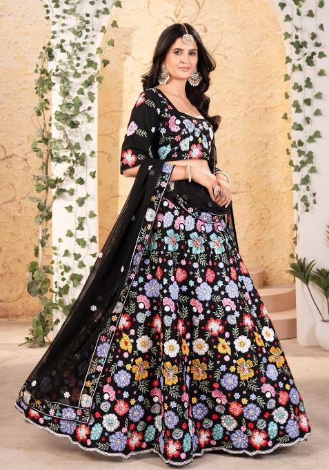 Multi Color Embroidered Georgette Lehenga Set With Dupatta