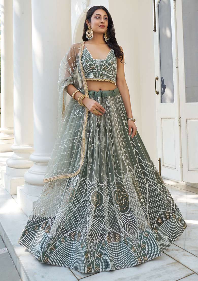 Dusty Green Zari Butterfly Net Lehenga Set with Embroidered & Sequin for Diwali | Wedding & Festive Wear - Indya