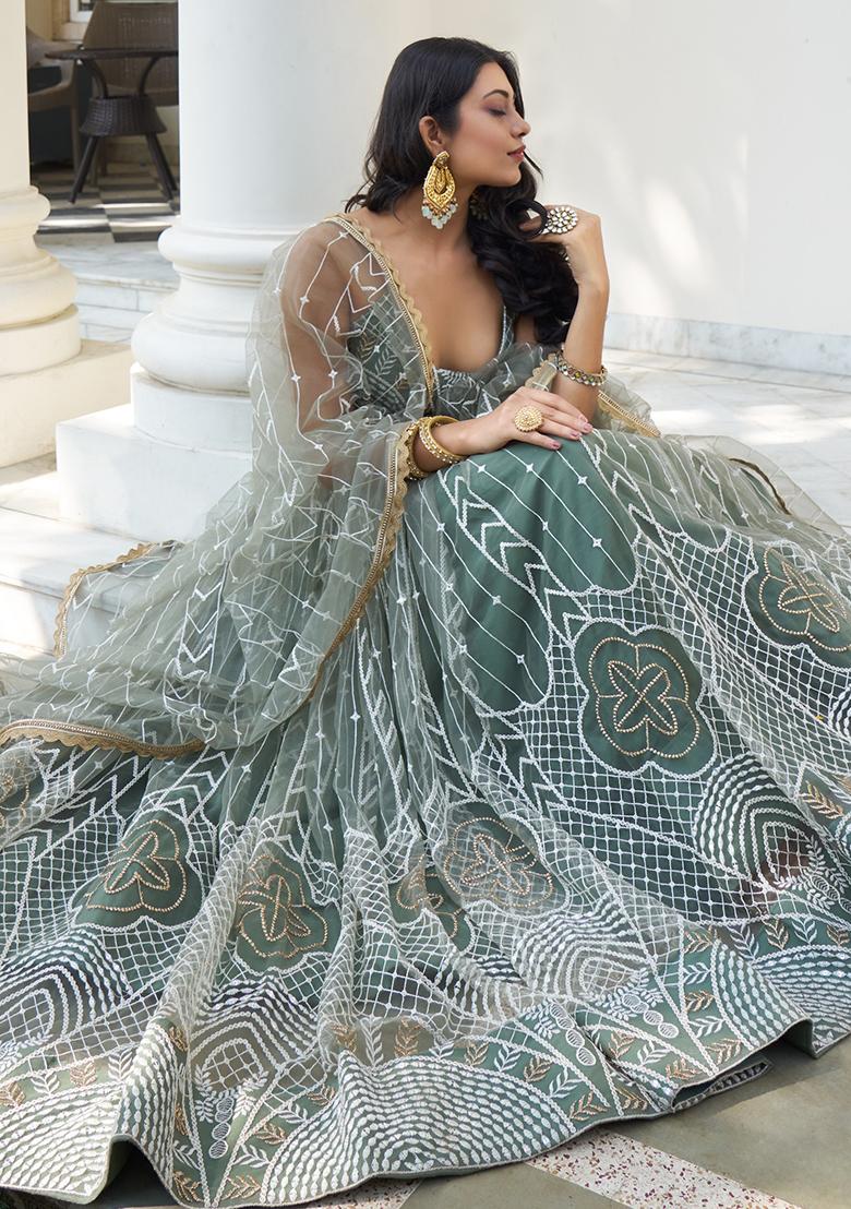 Dusty Green Sequin Zari Embroidered Butterfly Net Lehenga Set