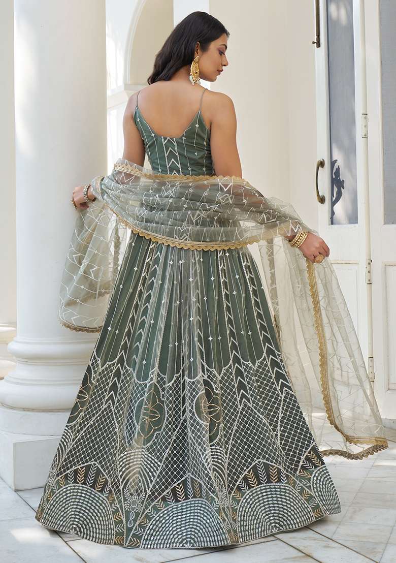 Dusty Green Zari Butterfly Net Lehenga Set with Embroidered & Sequin for Diwali | Wedding & Festive Wear - Indya