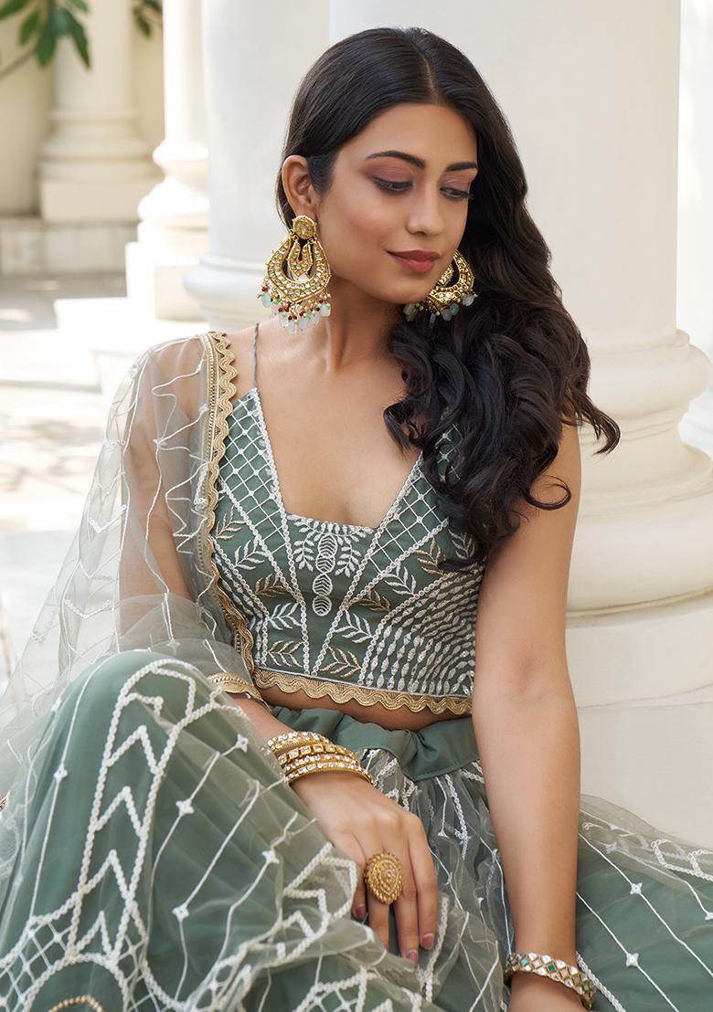 Dusty Green Sequin Zari Embroidered Butterfly Net Lehenga Set