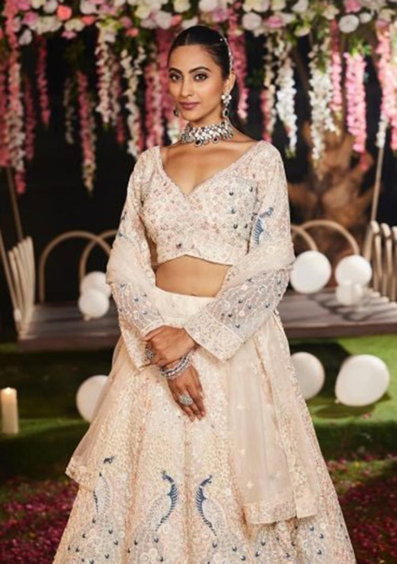 Multi Color Embroidered Net Lehenga Set With Dupatta - Indya