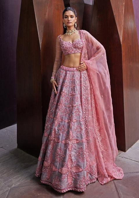 Multi Color Embroidered Silk Lehenga Set With Dupatta