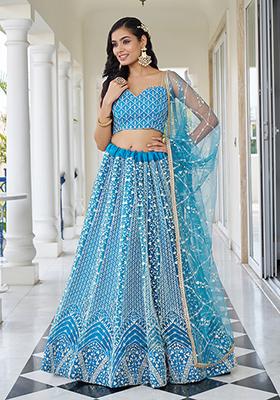 Sky Blue Thread Embroidered Net Lehenga Set