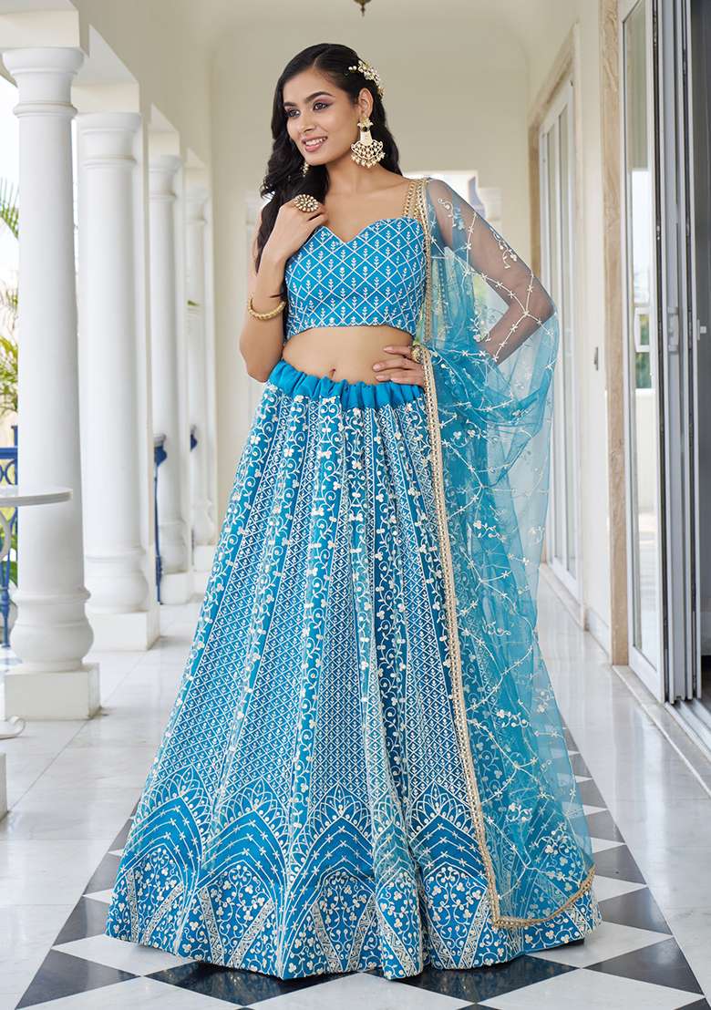 Sky Blue Thread Embroidered Net Lehenga Set for Diwali and Festive Wear - Indya