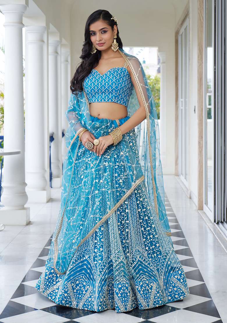 Sky Blue Thread Embroidered Net Lehenga Set for Diwali and Festive Wear - Indya